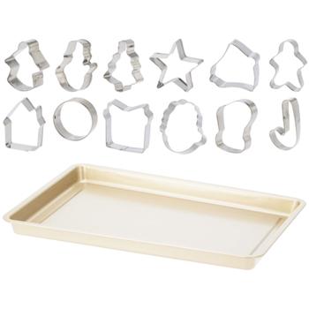 Hochwertiges Backset für Weihnachten, 13-tlg. Robustes PTFE Stahl Backblech und 12er-Set Edelstahl Keksausstecher - Ideal für prazise Backideen