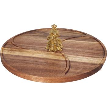 Elegantes Akazienholz Serviertablett, mit goldenen Weihnachtsbaum & 3 Fächern - Deko Snack Platte, Obstschale, ideal als Geschenk