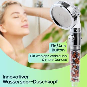 Preview: Innovativer Wasserspar-Duschkopf mit Filter & 3 Strahlarten für weniger Verbrauch & mehr Genuss - mit Mineralsteinen für ein luxuriöses Duscherlebnis