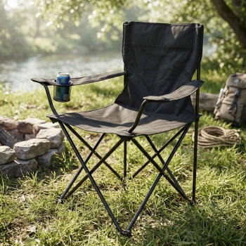 Preview: Camping Faltstuhl Schwarz klappbar: Mit Armlehne & Getränkehalter – Kompakt, robust & bequem – Ihr perfekter Begleiter für Outdoor