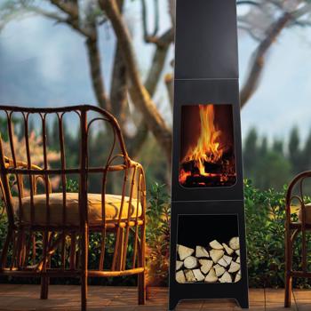Preview: Edler Gartenkamin in schwarz: Robuster Terrassenofen, modern & wärmespendend – für gemütliche Abende & stilvolle Outdoor-Atmosphäre