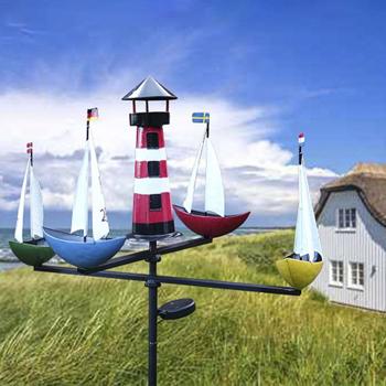 Preview: Schiffskarussell mit Solar-Beleuchtung - Maritimes Windspiel für Garten & Balkon - Wetterfest, 175cm hoch, Metall, LED-Licht, Kugellager, stabiler Standfuss