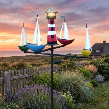 Schiffskarussell mit Solar-Beleuchtung - Maritimes Windspiel für Garten & Balkon - Wetterfest, 175cm hoch, Metall, LED-Licht, Kugellager, stabiler Standfuss