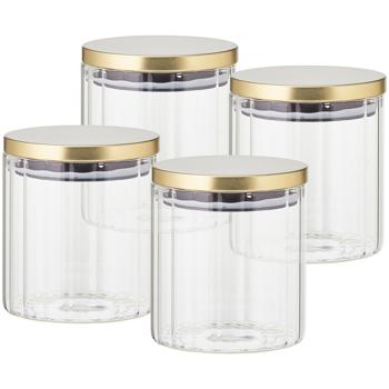 Preview: 4er-Set Vorratsbehälter aus robustem Borosilikatglas mit Streifen-Effekt und stilvollem Deckel. Perfekt für Kaffee, Müsli & Gewürze - 750ml