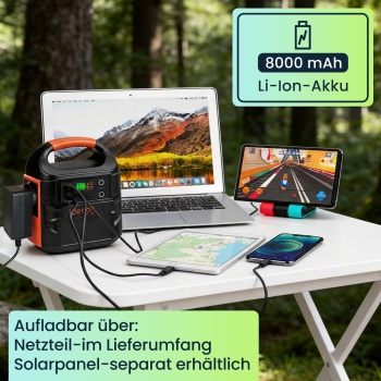 Preview: Kompakte Powerstation 88,8Wh Solargenerator mit 230V Steckdose, 100W, USB-C PD65W, 12V DC, LED-Display & 500lm Leuchte für Camping & Notstrom