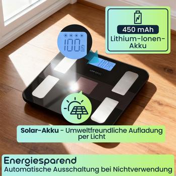 Preview: Solar-Akku Körperfettwaage aus Glas, präzise Körperanalyse, 180 kg, App & Bluetooth für Fitness-Erfolge, Kompatibel zu Google Fit & Apple Health