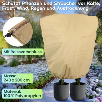 Preview: Pflanzenabdeckung XXL, Winterschutz, 240 x 200 cm, Kübelpflanzen Schutzhauben als Frostschutz mit Zugband und Reissverschluss, atmungsaktiv 