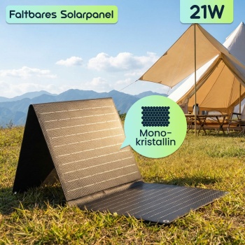 Preview: Faltbares Solarpanel 21W Monokristallin - Tragbares Solarladegerät IP65 mit MC4-komp. Stecker, DC Adapter, Ösen & Karabinern für Camping