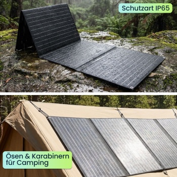Preview: Faltbares Solarpanel 40W Monokristallin - Tragbares Solarladegerät IP65 mit MC4-komp. Stecker, DC Adapter, Ösen & Karabinern für Camping