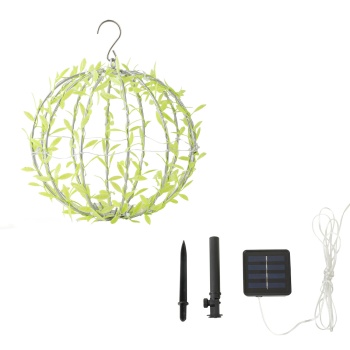 Preview: Solar Leuchtkugel im Blätterdesign - Ø20cm Gartenkugel mit 72 warmweissen LEDs - IP44 Aussenleuchte inkl. Erdspiess, S-Haken und Solarpanel