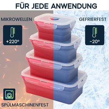 Preview: 8er-Set Silikon-Frischhaltedosen - Zusammenklappbare & faltbare Lunchbox, Bento Box, BPA-frei, mikrowellengeeignet, mit Clip-Verschluss Deckeln