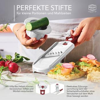 Preview: Profi Gemüse-Hobel, weiss-rot: Julienne Gemüseschneider für perfekte Gemüsestreifen & Rohkost-Rezepte