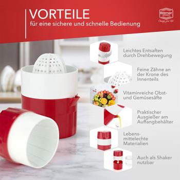 Preview: Manuelle Saftpresse weiss-rot - Entsafter für Zitrone, Orange & Limette - BPA-frei - Made in Germany - Handpresse für frischen Saft, leise & effizient