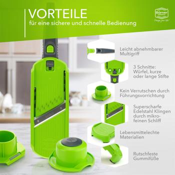 Preview: Profi Gemüse-Hobel, grün-grau: Julienne Gemüseschneider für perfekte Gemüsestreifen & Rohkost-Rezepte