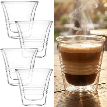 4er-Set Doppelwandgläser mit Riffelung 70ml – Espressogläser & Shotgläser, Borosilikat Thermo-Espressotassen mit Schwebeeffekt klein