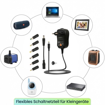 Preview: Universal Netzteil 3-12V 600mA 7,2W inkl. 6 Adapter, Pol-Wender & Schlüssel - Flexibles Schaltnetzteil für Kleingeräte, effizient & sicher