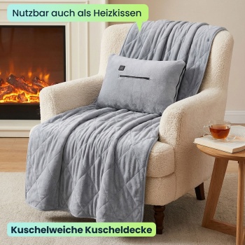 Preview: Heizdecke 135x180 cm aus Polarfleece mit Druckknöpfen, elektrische Wärmedecke mit 3 Stufen, auch als Heizkissen nutzbar, kuschelweiche Kuscheldecke
