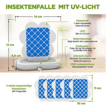 Preview: 2er-Set Insektenfalle mit UV-Licht und Klebefolie: Ein geruchloser Insektenvernichter für Wohnraum, Schlafzimmer & Camping