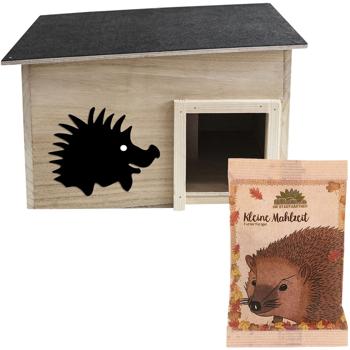 Preview: Komplettset: Hochwertiges Igelhaus aus FSC-Holz, 40x32x24 cm mit Igelfutter „Kleine Mahlzeit“ – für einen sicheren Nist- und Überwinterungsplatz