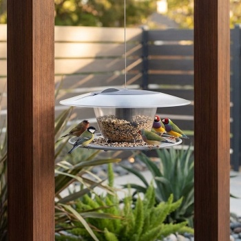 Preview: Modernes Vogelhäuschen zum Aufhängen - langlebig & pflegeleicht, stilvolle, steingraue Futterstelle für eine lebendige Tierwelt im Garten