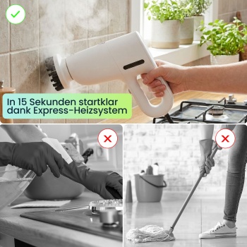 Preview: Profi 3in1 Dampfreiniger & Boden-Dampfbesen: 1200W Handgerät gegen Bakterien ohne Chemie für Boden, Bad, Möbel - in 15s startklar