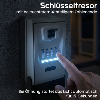 Preview: Schlüsseltresor mit beleuchtetem 4-stelligem Zahlencode - extra sicheres Schlüsselversteck für Wandmontage; Wetterfest durch Schutzhaube