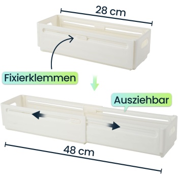 Preview: 6er-Set Küchenschrank-Organizer Ausziehbar (28-48 cm) – Anpassbarer Regal-Einsatz für Ordnung in Schrank & Kühlschrank – Faltbar, Weiss