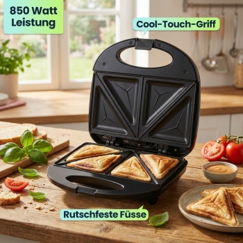 Preview: Sandwichmaker für 2 Sandwiches mit 850 Watt Leistung, Antihaftbeschichtung, Cool-Touch-Griff,  Sandwich-Toaster für die schnelle Küche