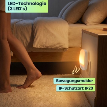 Preview: LED Nachtlicht Stecker mit Bewegungsmelder & Dämmerungssensor, Orientierungslicht für die Steckdose, 11 Lm Warmweiss, für Flur, Treppe & Kinderzimmer