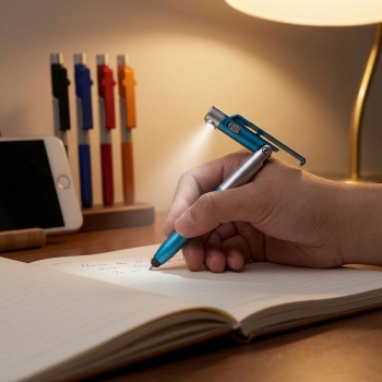 Preview: 4in1 Kugelschreiber mit LED-Lampe, Touchpen für Tablets & Handy-Ständer Funktion, 5er-Set – Multifunktionsstift Schreibset für Büro, Alltag und Reise