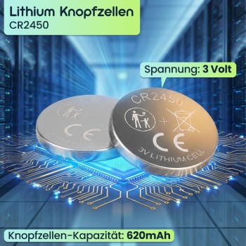 Preview: 10er Set CR2450 Lithium Knopfzellen 3V Batterien, 620 mAh hohe Kapazität, langlebige 3 Volt Batterie für Autoschlüssel und Smart Home Geräte