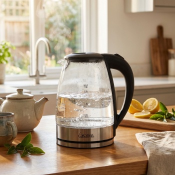 Edler Glas-Wasserkocher 1,8L mit blauem LED-Licht, Edelstahl, 2200W - Teekocher mit Abschaltautomatik & Trockenbetriebsschutz