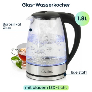 Preview: Edler Glas-Wasserkocher 1,8L mit blauem LED-Licht, Edelstahl, 2200W - Teekocher mit Abschaltautomatik & Trockenbetriebsschutz
