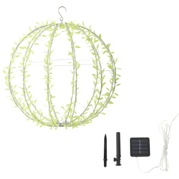 Preview: Solar Leuchtkugel im Blätterdesign - Ø40cm Gartenkugel mit 144 warmweissen LEDs - IP44 Aussenleuchte inkl. Erdspiess, S-Haken und Solarpanel