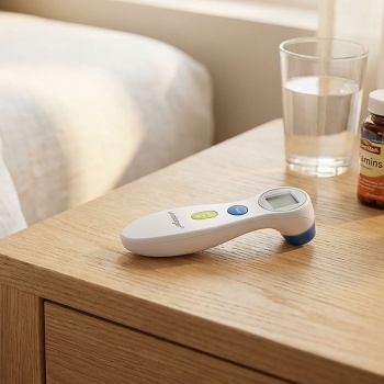 Preview: Fieberthermometer Infrarot – Kontaktloses digitales Stirnthermometer mit Ampel-Anzeige – Superschnell, 1s Messung für Kinder & Erwachsene