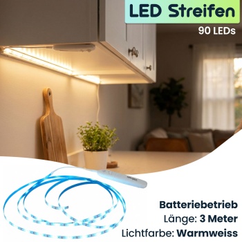 Preview: 2er-Set 3m LED Streifen warmweiss mit Bewegungsmelder & Batteriebetrieb - Selbstklebendes Lichtband, Nachtlicht Stripe, 90 LEDs, 5W