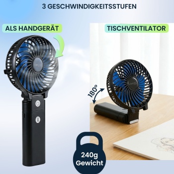 Preview: 2er-Set Leistungsstarker Akku Handventilator 5200mAh Powerbank Tischventilator: USB Reiseventilator, 3 Stufen, Tragbarer Mini Ventilator