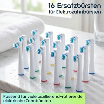 Preview: 16 x Ersatzbürsten passend für viele Oral-B®**-Elektrozahnbürsten, Aufsteckbürsten für gründliche Reinigung, weiss, inkl. Farbring-Markierung