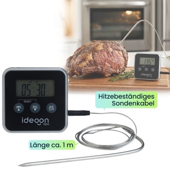 Preview: Digitales Fleischthermometer & Ofenthermometer mit Timer bis 300 Grad, Kabelgebundenes Braten- und Grillthermometer, für BBQ, Grill, Smoker, Backofen