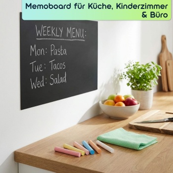 Preview: Selbstklebende Tafelfolie 60x200cm inkl. 5 Kreiden & Reinigungspad – Wandfolie als Kreidetafel & Memoboard für Küche, Kinderzimmer & Büro