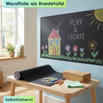 Preview: Selbstklebende Tafelfolie 60x200cm inkl. 5 Kreiden & Reinigungspad – Wandfolie als Kreidetafel & Memoboard für Küche, Kinderzimmer & Büro