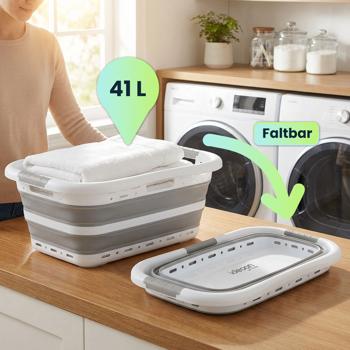 Preview: 2er-Set Faltbarer Wäschekorb 41L - Platzsparender Wäschesammler aus Kunststoff mit Belüftung - Ultraflach 8,5 cm für Waschküche & Camping