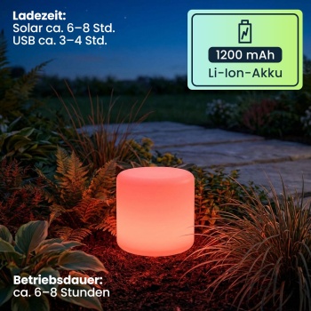 Preview: Moderne LED Solar Zylindrische Tischlampe & Gartenleuchte mit Erdspiess, RGBW Farbwechsel, USB aufladbar, IP44 wetterfest - ideal für Ihren Garten