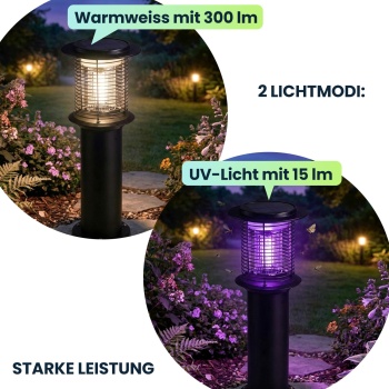 Preview: Solar Gartenlampe mit Mückenvernichter aus Edelstahl, 2in1 LED Wegeleuchte Schwarz, Warmweiss 300lm & UV Insektenschutz 15lm, IP44, 25 x 60 cm