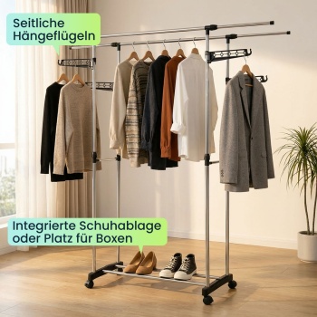 Preview: Mobiler Kleiderständer mit Doppel-Kleiderstange, ausziehbar & höhenverstellbar - Garderobenständer mit Rollen, Schuhablage und seitlichen Hängeflügeln