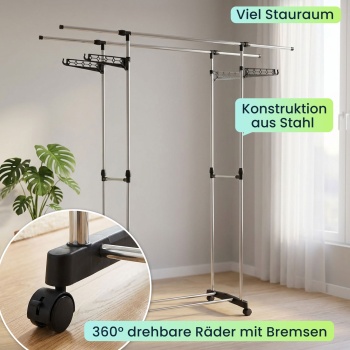 Preview: Mobiler Kleiderständer mit Doppel-Kleiderstange, ausziehbar & höhenverstellbar - Garderobenständer mit Rollen, Schuhablage und seitlichen Hängeflügeln