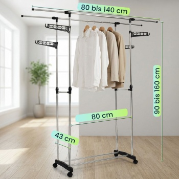 Preview: Mobiler Kleiderständer mit Doppel-Kleiderstange, ausziehbar & höhenverstellbar - Garderobenständer mit Rollen, Schuhablage und seitlichen Hängeflügeln