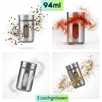 Preview: Edler Gewürzstreuer Edelstahl mit Sichtfenster 94ml Vorratsdose für Gewürze Kräuter Salz Pfeffer Streuer mit 3 verstellbaren Lochgrössen