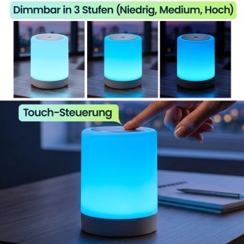 Preview: Akku Tischlampe mit Touch-Steuerung, 6 bunten Lichtfarben und Warmweiss, Bequemes Laden per USB-C, Praktischer integrierter Bügel zum Aufhängen