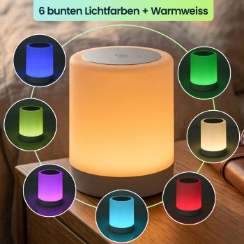 Preview: Akku Tischlampe mit Touch-Steuerung, 6 bunten Lichtfarben und Warmweiss, Bequemes Laden per USB-C, Praktischer integrierter Bügel zum Aufhängen